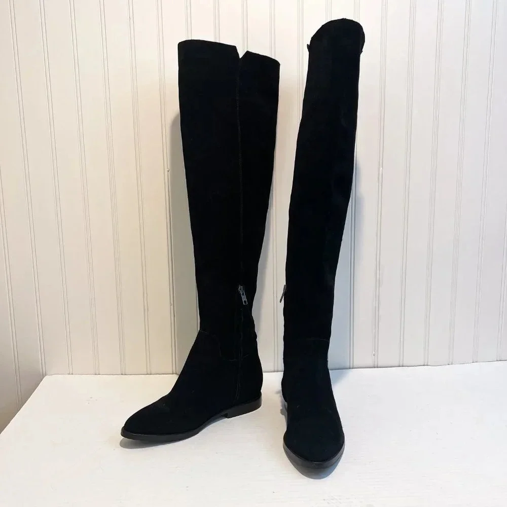 ASH Jess Black Suede Knee-High Tall Classic Designer Low Heel Boots 37